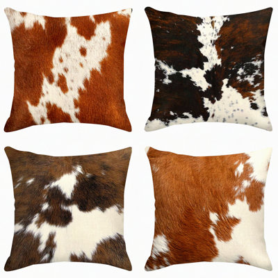 Animal Print Pillow Cover Set - Decorative Sofa Cushion Cases, Cow Brown Design for Home Decor and Outdoor Use - Pack of 4