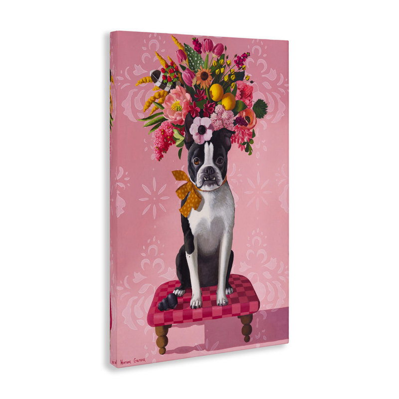 Bulldog et toile rose bouquet, design par Heather Gauthier, H 36 po x l 24 po