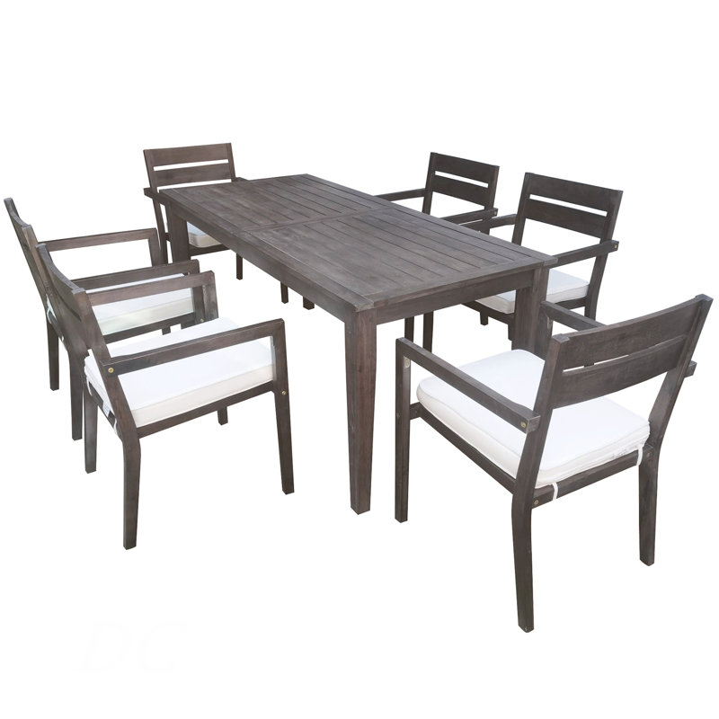 7 Pieces Acacia Wood Outdoor Dining Set With Cushions,Modern 6 Chairs And 1 Large Table, Dining Furniture Set For Lawn, Backyard, Garden Deck,Poolside