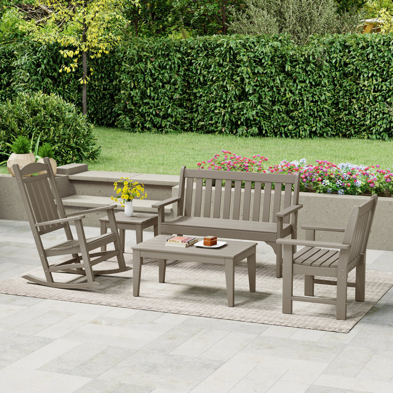 Ensemble 5 pièces de banc et chaise berçante en poly Ayling, Beige