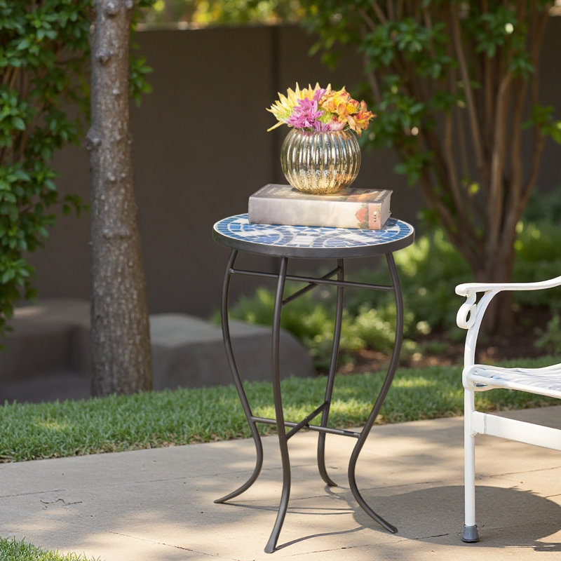 Outdoor Round Side Table With Mosaic-Style Top And Curved Iron Legs, End Table