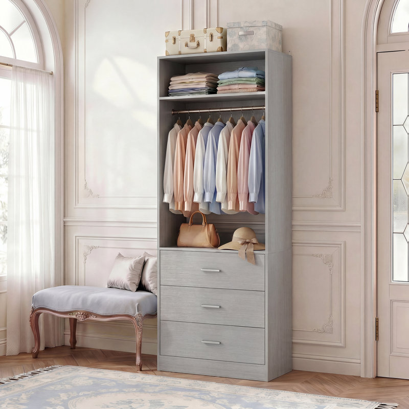 Freestanding Small 24" Closet System With 3 Wood Drawers, Gray, 80" H x 24" W x 15" D