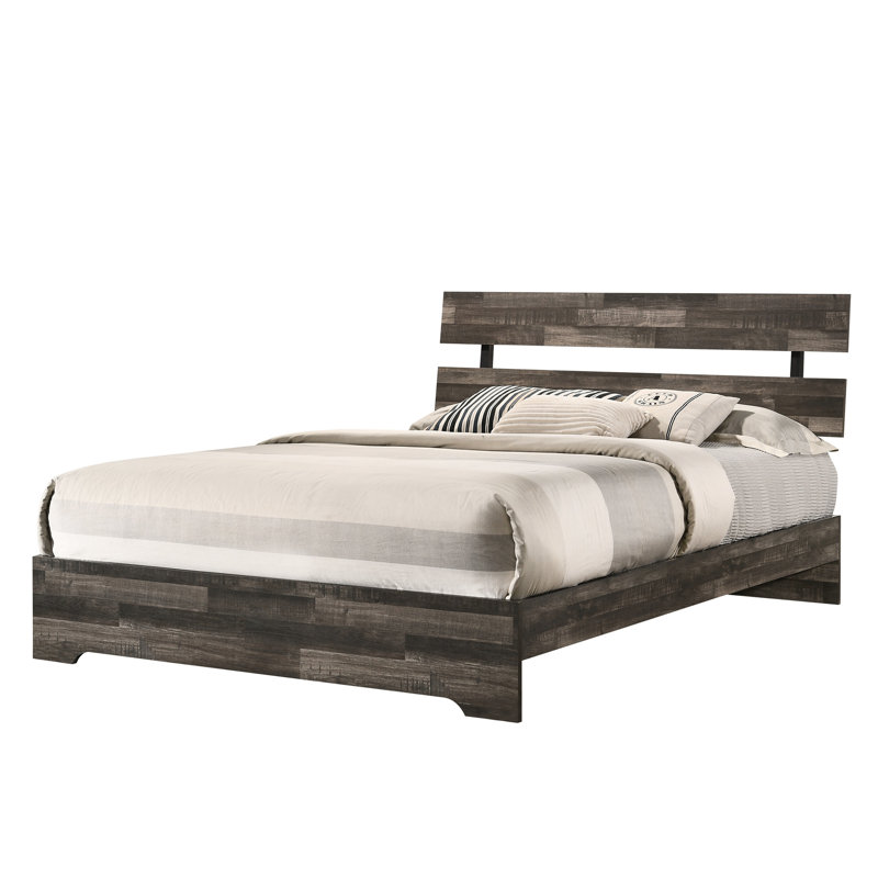 Lit plateforme contemporain très grand avec tête de lit à profil bas rustique, placages de bois brun, dans une boîte, cadre à lattes, bois massif, boîte
