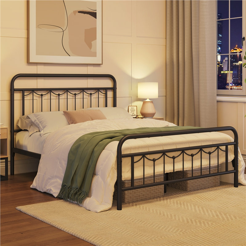 Dravin Metal Platform Bed Frame with Vintage Headboard and Footboard, Full, Antique Gold