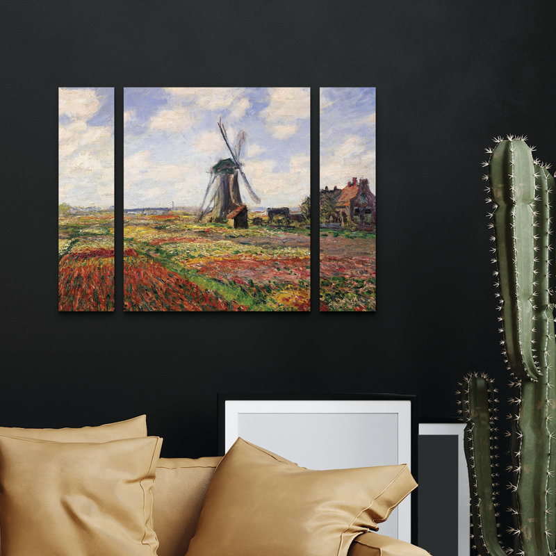 Ensemble de 3 panneaux - Claude Monet «Tulip Fields in Holland, 1886», art mural sur toile pour le salon, la chambre à coucher ou le bureau 
