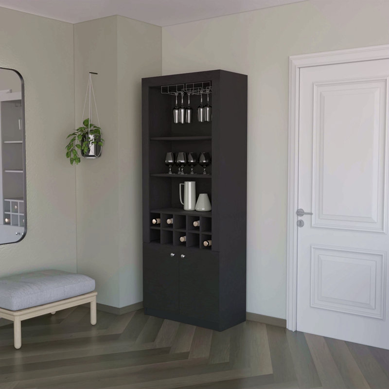 Bar avec rangement pour bouteilles de vin et trois tablettes, Noir