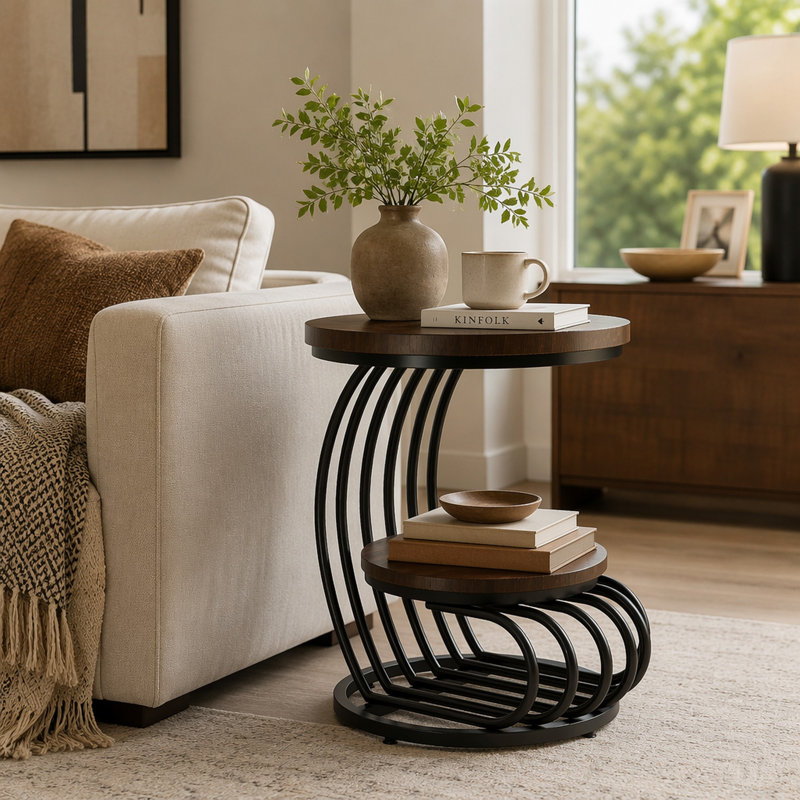 Table de bout ronde, table d'appoint en faux marbre 2 niveaux avec tablette de rangement