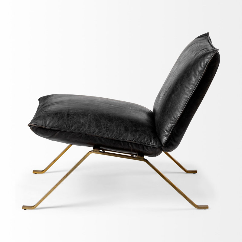 Upholstered Slipper Chair, Black Genuine Leather, Antiqued Gold