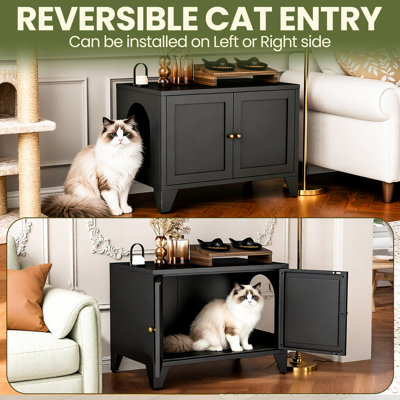 Bac à litière réversible pour chat, meuble dissimulé de 71 cm de large avec intérieur anti-odeurs et pieds ajustables, noir
