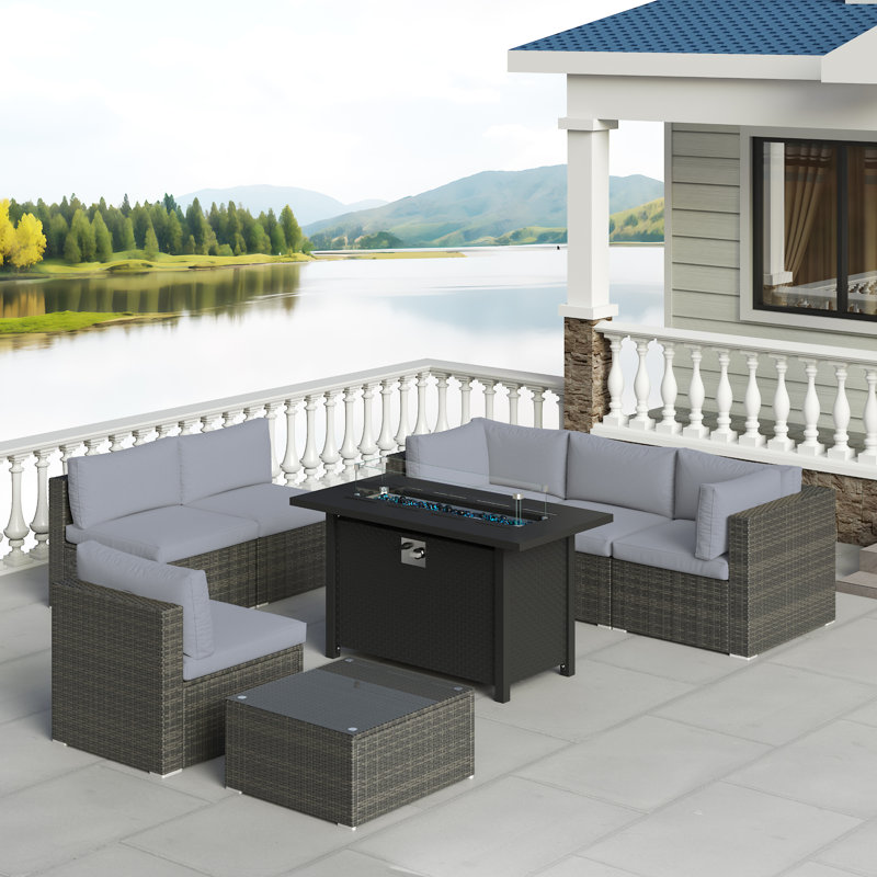 Wicker 8 Piece Rattan Sectional Seating Group With Cushions, Gray Frame/Gray Cushion