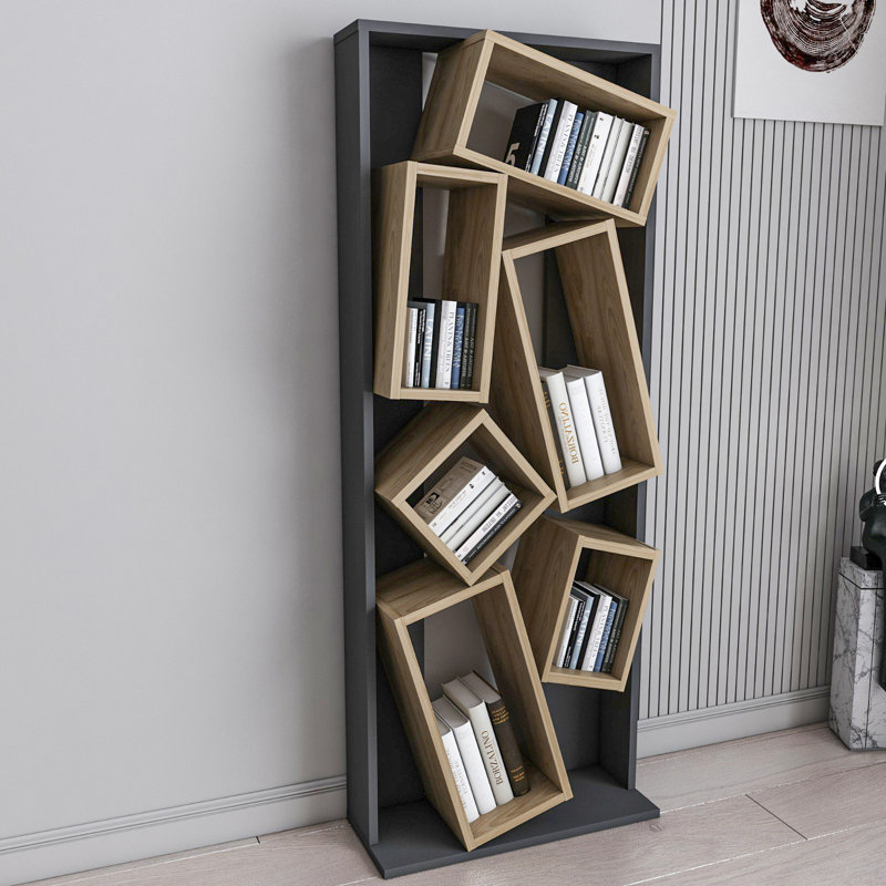 Modern Bookshelf, Black & Oak, 24.0 x 60.0 x 60.5 inches | 100% Melamine Coated Particle Board, Thickness: 0.7 inches | Stylish Storage Solution for Home or Office, Elegant Design for Novelty & Functionality