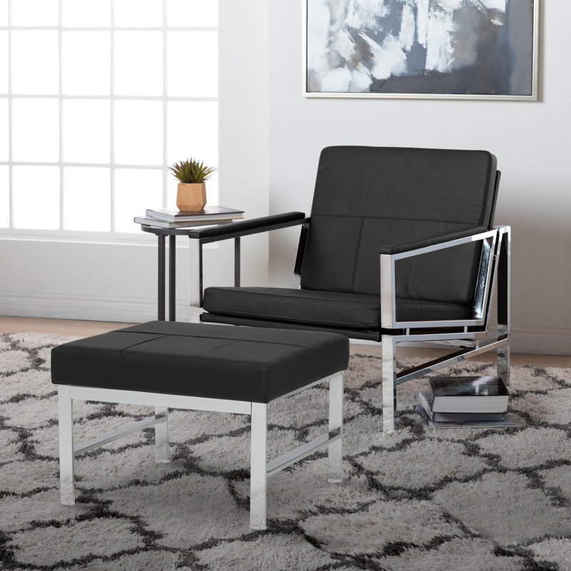 Atlas Modern Chrome and Leather Ottoman, Black