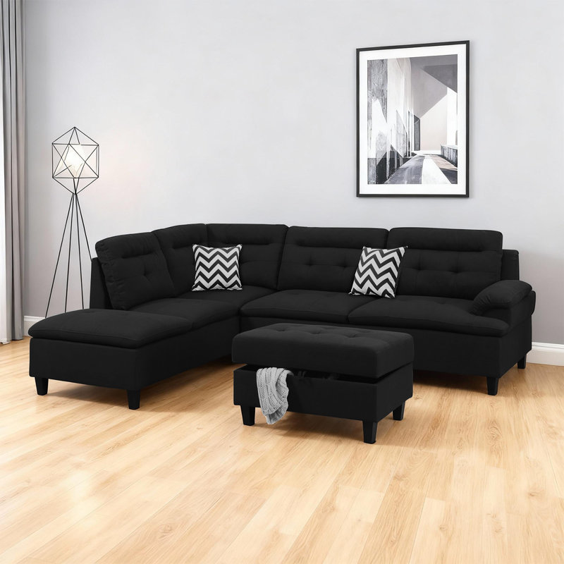Ensemble modulaire 3 pièces avec repose-pieds et méridienne de rangement, tissu semblable au lin, Noir