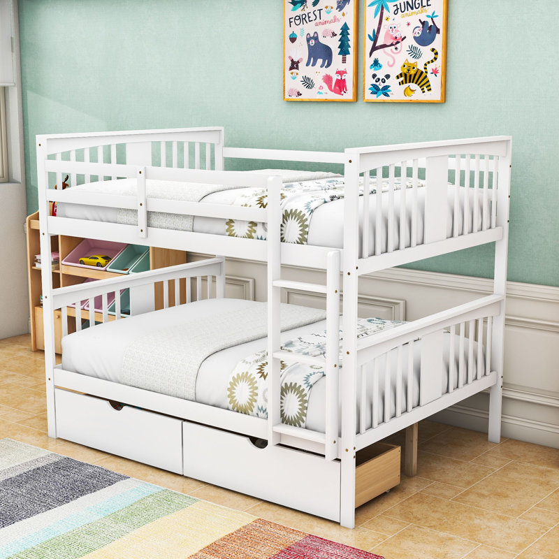 Full Over Full Wooden Bunk Bed With Storage Drawers, White