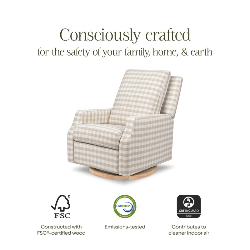 Crewe Electronic Recliner and Swivel Glider in Eco-Performance Fabric, Tan Gingham with Light Wood Base