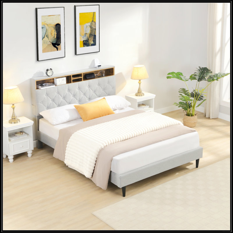 Grand lit plateforme tapissier, Gris clair