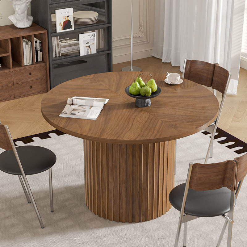 Round Dining Table For 4-6 People, Round Pedestal Dining Table, Kitchen Table With Strip Columns Base, Walnut
