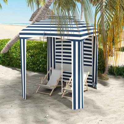 Parasol de plage d'extérieur avec 5,8 pi x 5,8 pi, rayure bleue et blanche, portatif, auvent double portatif 5,8 pi x, murs à volants, évents, sacs de sable, sac de voyage, rayure pour les bains de soleil
