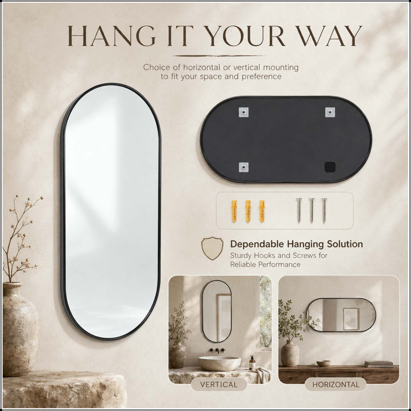 Oval Bathroom Mirror with Black PVC Frame (18x40 inch)