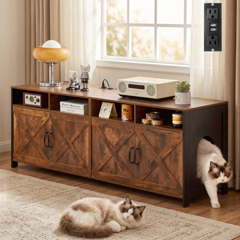 Meuble pour litière de 160 cm de large avec prise électrique, grand meuble double dissimulant la litière pour 2 chats, style campagnard, design rustique.