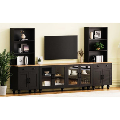 Meuble télé avec pieds en bois massif, centre de divertissement pour téléviseur de 70 po, portes en verre trempé noir, tablettes réglables et support à pieds pour maximiser l'espace, écrans, rangement pour articles divers