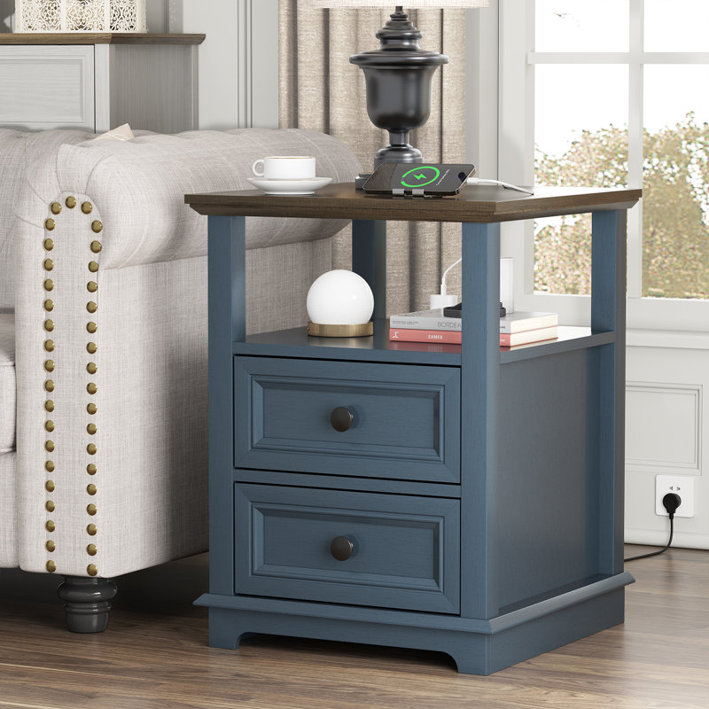 Azella Frame 2 End Table Set with Storage and Built-In Outlets, Brown Top/Blue Base