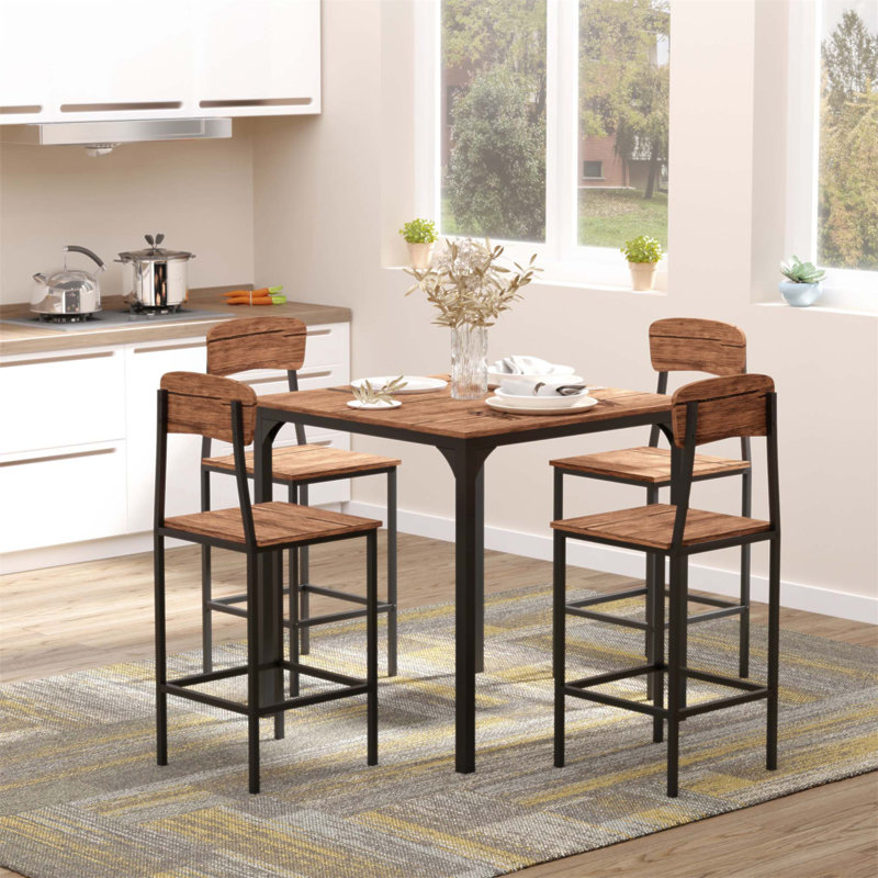 Ensemble de table de bar à hauteur de comptoir pour 4 personnes, table de cuisine carrée et chaises avec repose-pieds, mobilier de salle à manger de style industriel
