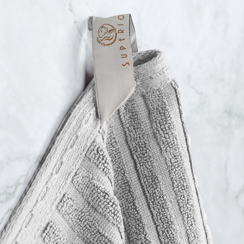 Ruvins Cotton Highly Absorbent Solid and Checkered Border Bath Towel Set, Silver