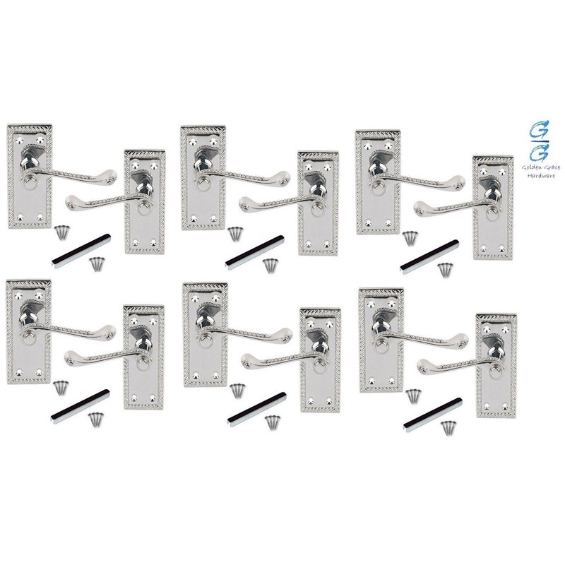 6 Pair Georgian Lever Latch Door Handles in Satin Chrome - 107mm x 48mm, Installation Hardware
