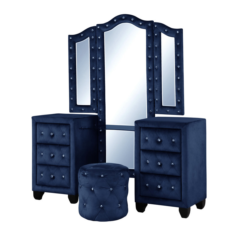 Ensemble coiffeuse avec tabouret et miroir Rausch, Bleu