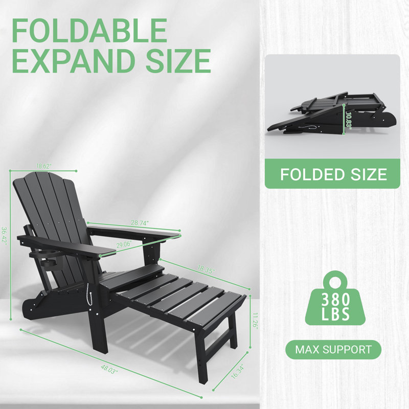 Folding Adirondack Chair With Cup Holder,HDPE Outdoor Chair With Comfort Ergonomic Seat For Patios,Lawn,Garden, Backyard Use