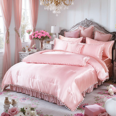 Pink Satin Comforter Set 10 Pcs White Pom Pom Bedding Set Full Size Super Soft Smooth Silk Like Silky Comforter Queen Bed in A Bag with Comforter & Sheet Set & Pillowcase & Bed Skirt