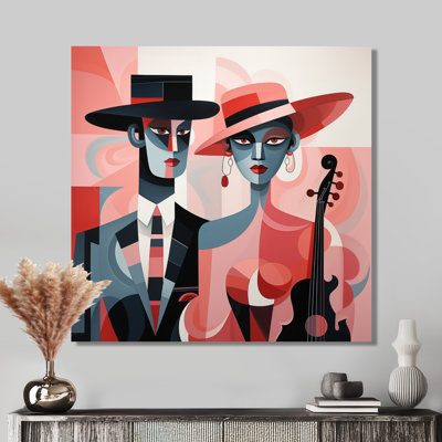 «Jazz Duo Minimal Silhouettes Retro Blue and Red - Musician Wall Art Print»
