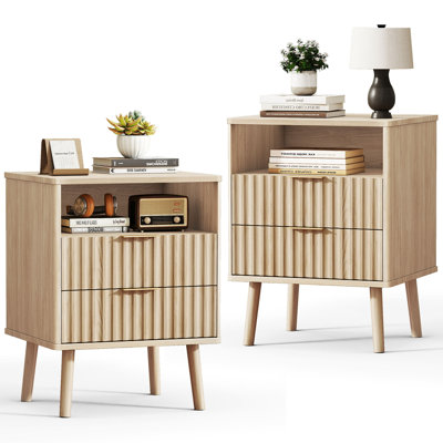 Fluted Nightstand Set of 2, 18" Modern Side Table, 2 Drawers End Table with Storage, Bedside for Bedroom, Living Room, Curved Profile Design