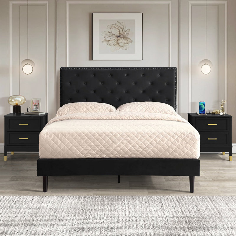 Walter Set Of 2 Wood Nightstands, 2 Drawer Bedside Tables With Storage, Night Stands For Bedroom, End Table Or Side Table For Living Room, 15.5" X 18.7" X 21.7", Black