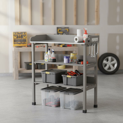 Solid Wood 30 Inch Garage Workbench Utility Table with Metal Top 3 Tier Shelves Side Hooks Light gray