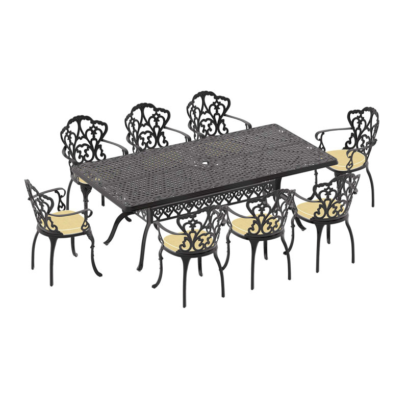 Ensemble de 9 meubles de patio en fonte d'aluminium avec structure noire et coussins de siège blanc cassé, 8