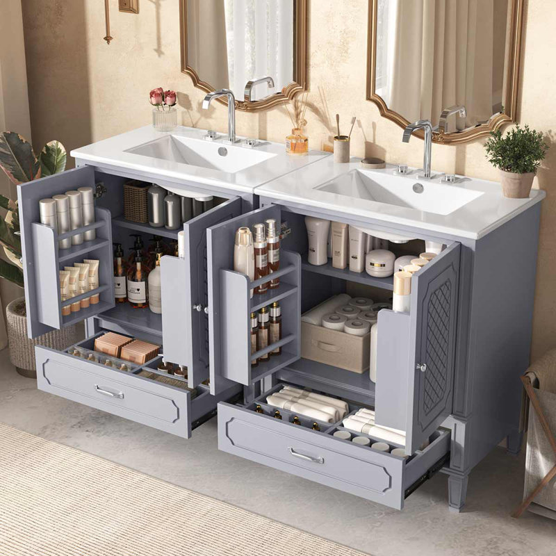 Meuble-lavabo double 60 po Modern, Gris / argent