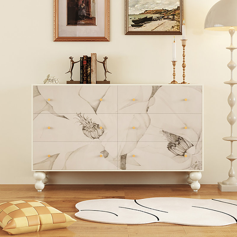 Buffet 53,1 po à six tiroirs, Blanc / Gris