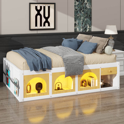 Platform Bed With Integrated Side Bookshelf & LED Illumination, Wooden Bed With Storage Area And Drawer, Headboard-Free Design