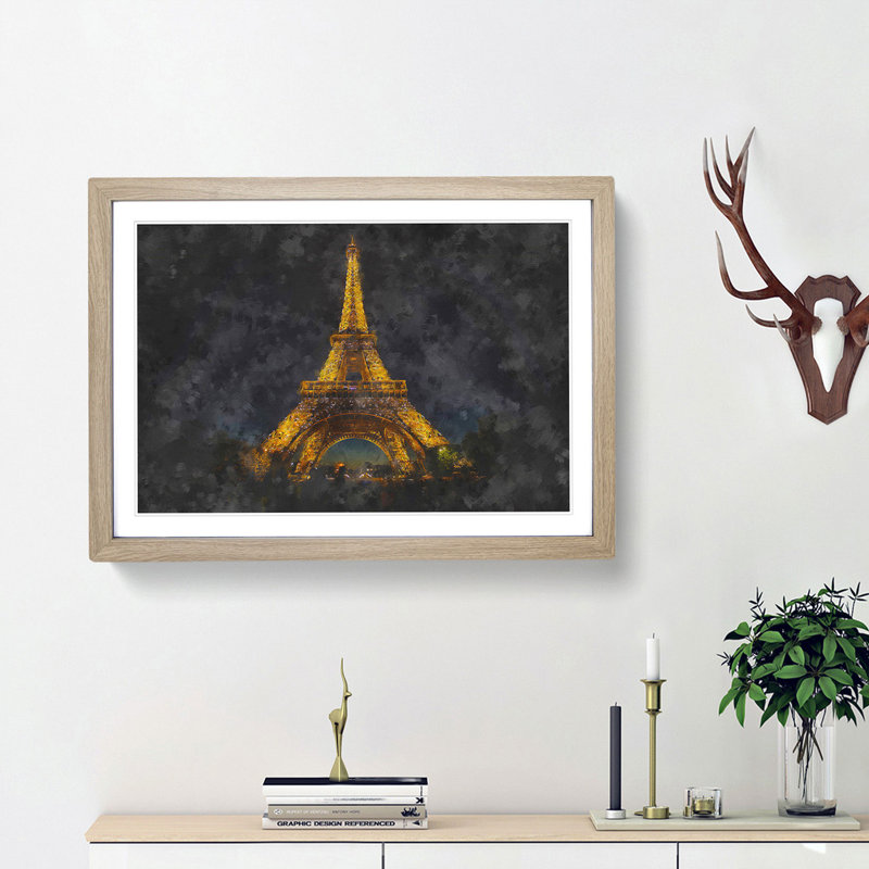 The Eiffel Tower in France at Night - Picture Frame Painting Print, 45cm H x 63cm W x 2cm D, Oak Framed