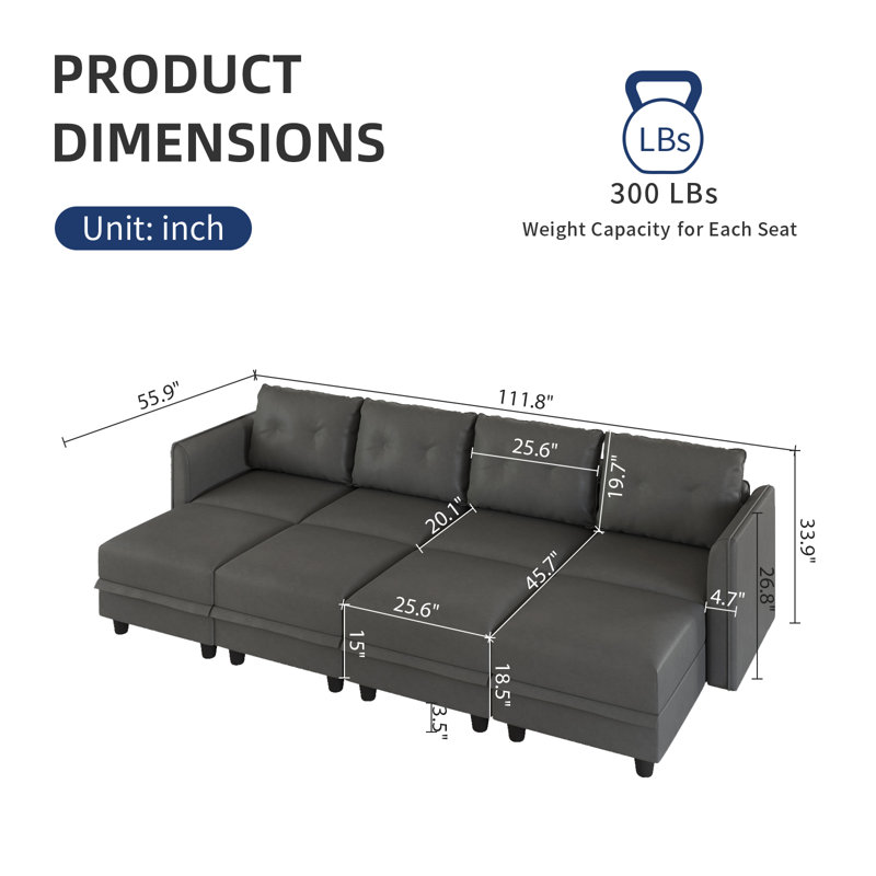 Zendajas 8 - Piece Upholstered Modular Sectional Sofa with Storage Ottoman, Gray Polyester Blend