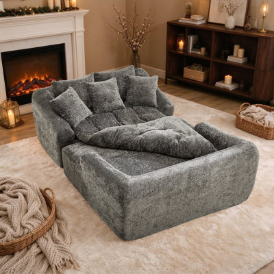 Oversized Compressed Indoor Chaise Longue Chair with Throw Pillows and Armrests, Upholstered Chenille Sleeper Sofa Couch