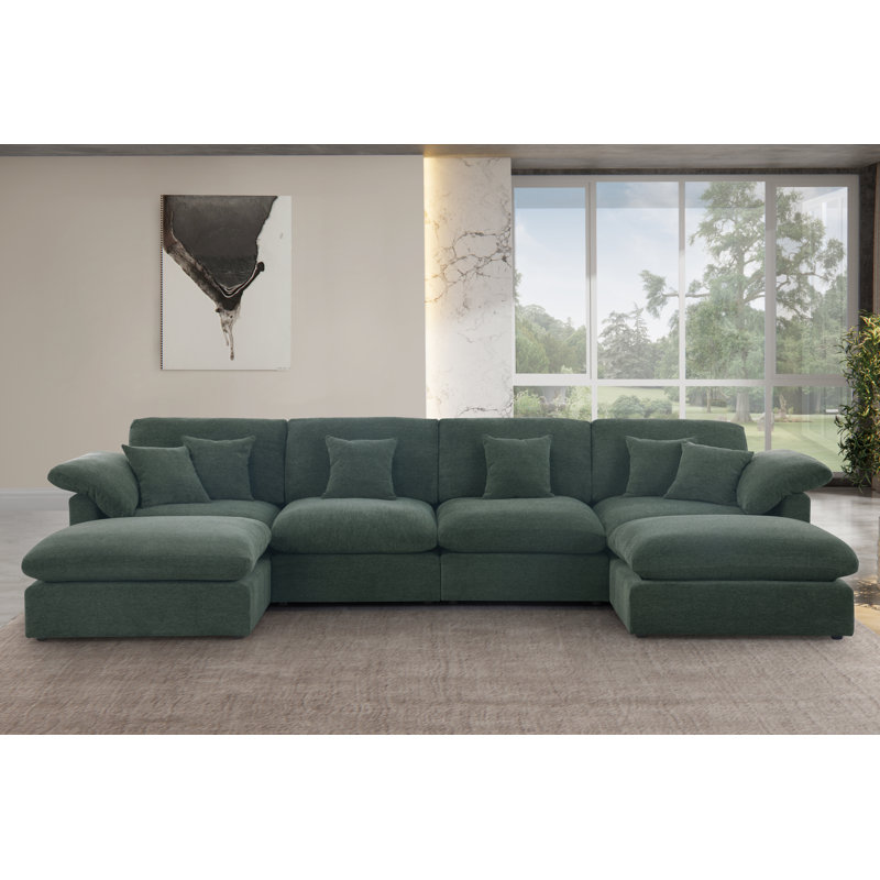 155.7" W 6-Piece Modular Chenille Sectional, Green Chenille