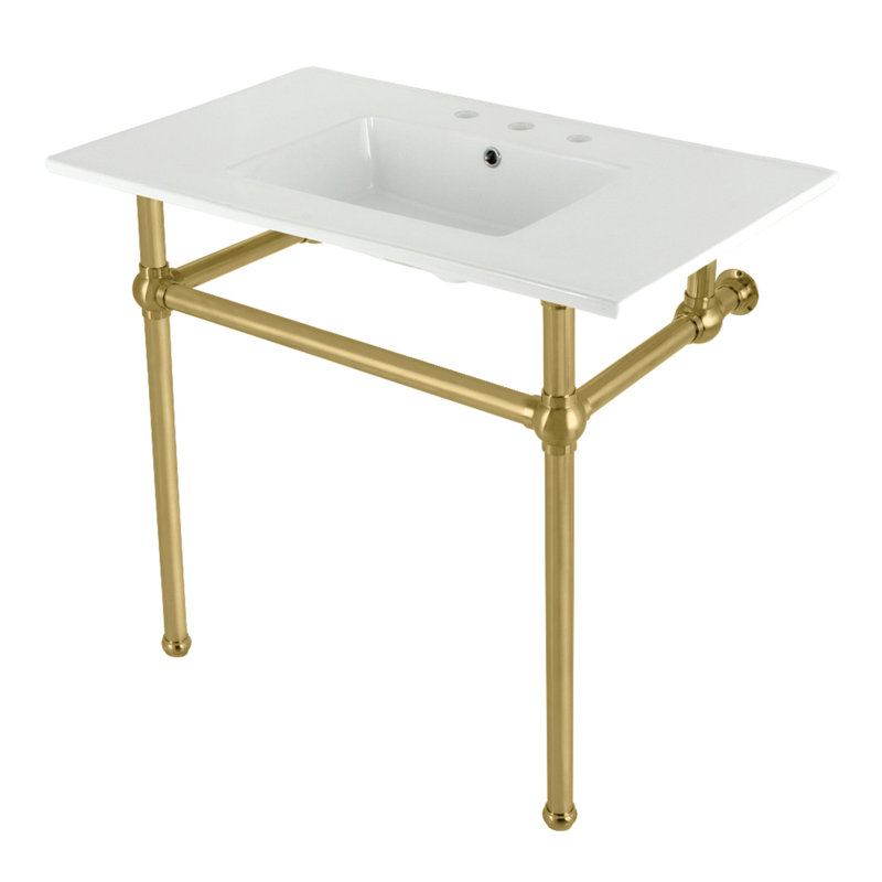 Kingston Brass Templeton 37-Inch Ceramic Console Sink with Brass Legs (8-Inch, 3-Hole), White/Brushed Brass
