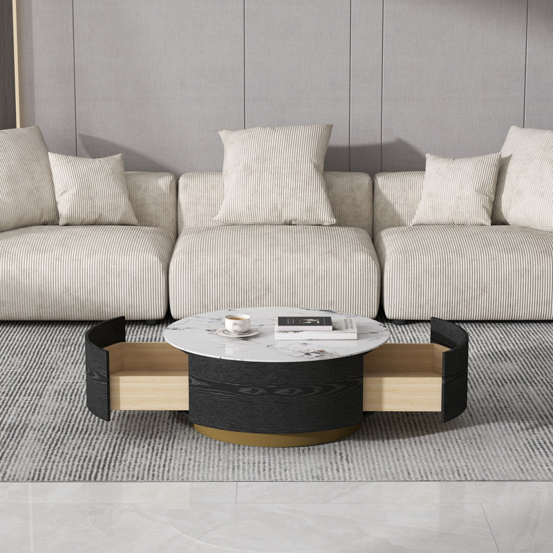 Jahnea Round Coffee Table with Storage, 2 Drawers, Dali White, Black