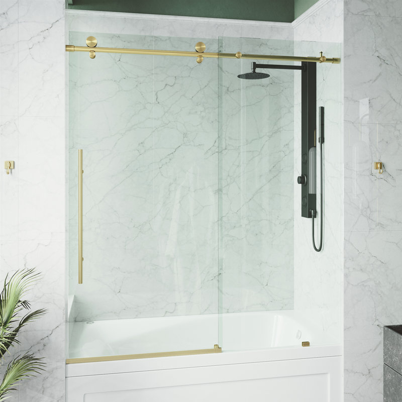 Elan E-Class 56-60" W x 66" H Sliding Frameless Tub Door with 3/8" Clear Glass, Matte Brushed Gold