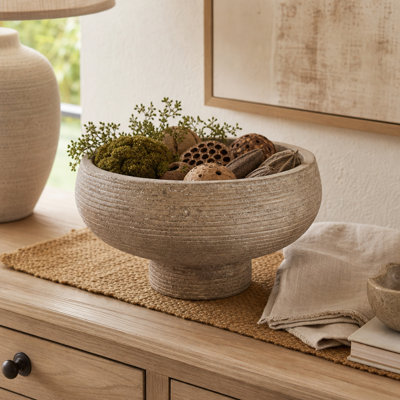 Contemporary Ribbed Footed Terracotta Bowl for Living Room - Decorative Home Decor Accent with Modern Character for Coffee Table and Kitchen - 14"