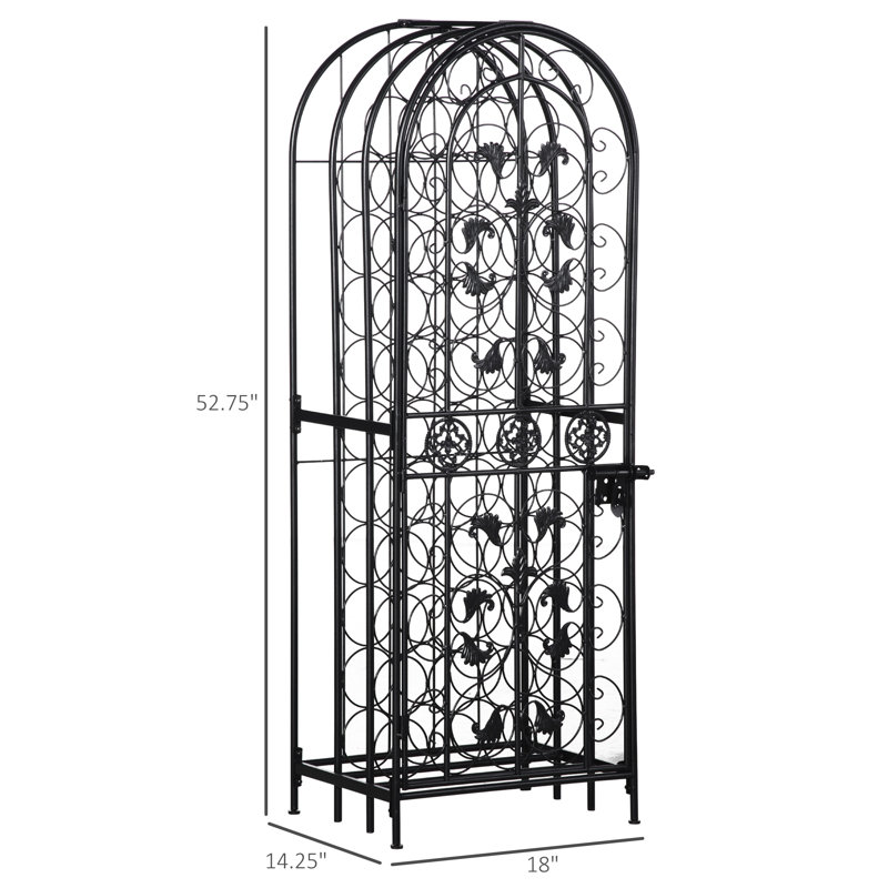 Support à vin, fer, 1 pièce, cage à vin de sol verrouillable, noir, 45 bouteilles avec porte à volutes