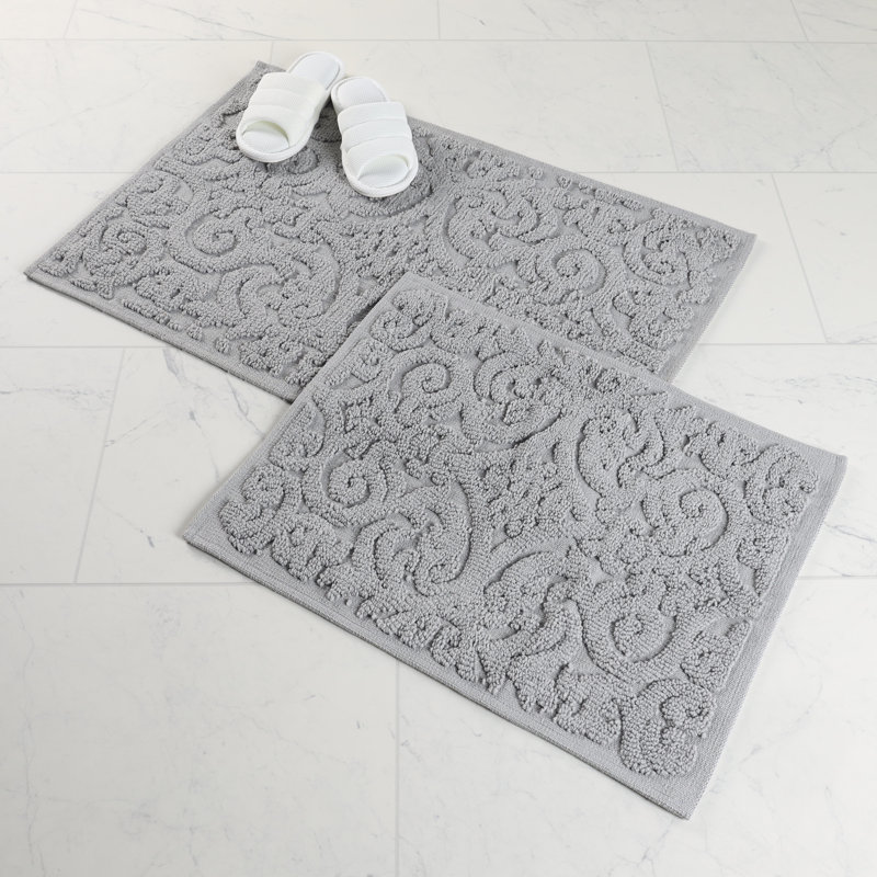 Venere Elegant Floral Scroll Textured Machine Washable 2 Piece Bathroom Rug Set, Light Gray, MEDIUM- 2 Piece Set